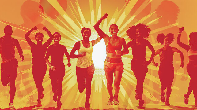 Joyful group run, sunset glow, June 5, Global Running Day concept