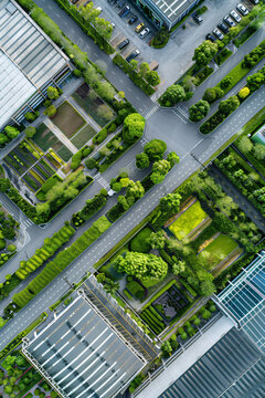 A drone aerial view of a green logistics hub, highlighting the integration of nature with logistics facilities for environmental sustainability