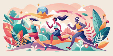 Runners in nature, whimsical design, June 5. Global Running Day concept.