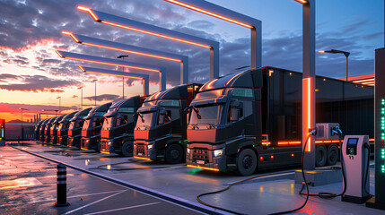 A fleet of electric trucks at a charging station, showcasing energy efficiency and low emissions in transportation logistics