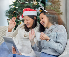 Women, friends and video call or Christmas wave in home for festive season hello, holiday or...