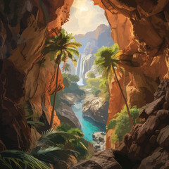 a painting of a cave with a waterfall and palm trees