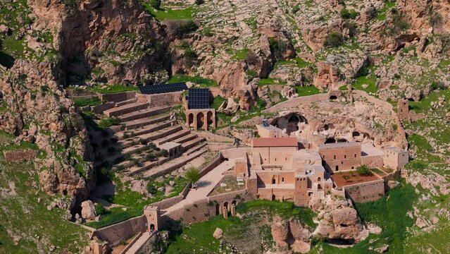 Aerial 4K vieos of mor evgin monastery in mardin with beautiful view of mesopotamia