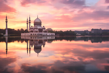 A serene sunrise over the reflection of mosque