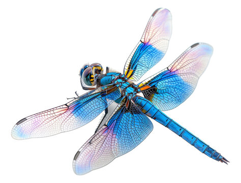 Vibrant blue dragonfly with transparent wings isolated on transparent background