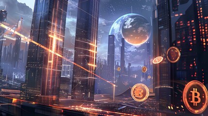 Urban Prosperity: A 3D Rendering of Cryptocurrency and Financial Growth in a Futuristic City