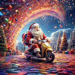A Painting of a Santa's Glimmering Journey: Jolly Saint Nick Soars on a Prismatic Path - obrazy, fototapety, plakaty