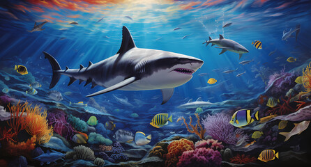 Obraz na płótnie Canvas a white shark swimming among coral reefs