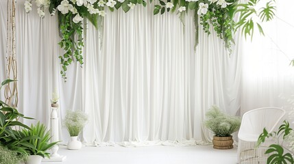Fototapeta na wymiar White Floral Curtain Decor in Bright Interior