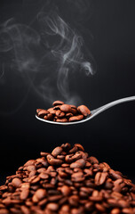 Studio, coffee beans and scent or aroma on spoon for organic diet, roast and black background. Art,...