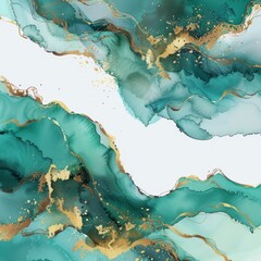 Teal and gold abstract painting with a white background.