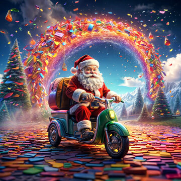 A Painting of a Santa's Glimmering Journey: Jolly Saint Nick Soars on a Prismatic Path