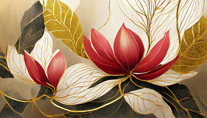 thai style painting Luxury minimal style wallpaper with golden line art flower and botanical leaves
