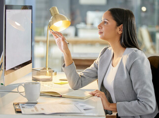 Businesswoman, working late and computer in office as copywriting in agency on deadline for...