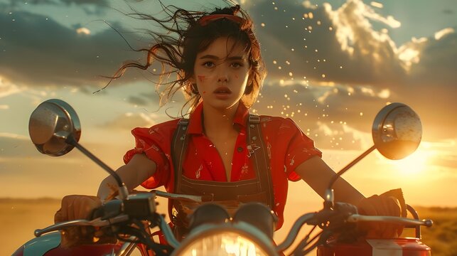 Woman riding on motorcycle motorbike in urban city, attractive pizza delivery worker in uniform, beautiful sunset background. Fantasy surreal landscape vintage retro style 3d digital artwork banner.