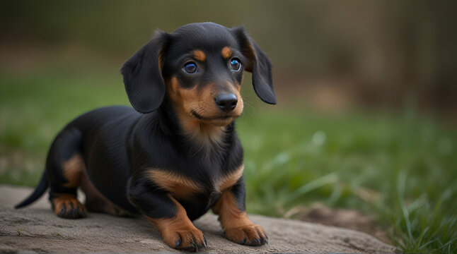 dachshund puppy. dachshund puppy portrait outdoors. many cute dachshund puppy playing outdoor. Shorthaired Dachshound. A beautiful dachshund puppy dog with sad eyes dog portrait, Generative.AI