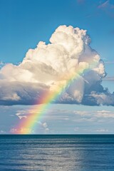 Calm Landscape: Rainbow Arcing Over Water Surrounded by Clouds and Blue Skies