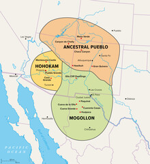 Oasisamerica, a cultural region of Indigenous peoples in North America. Political map showing the extent of three major cultures within the American Southwest and Northern Mexico with modern borders.