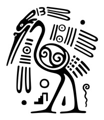 Heron motif of ancient Mexico. The Aztec aztatl, a long-legged and long-necked freshwater and coastal bird. Pre-Columbian, Aztec flat clay stamp motif, found in Mexico. Black and white illustration.