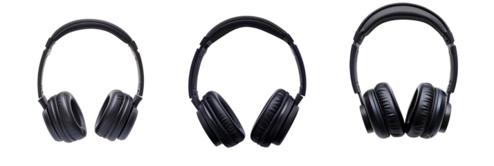 set of different views of headphones integrated with language learning technology, each designed for multilingual education, isolated on transpartent background