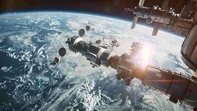 Space station orbiting Earth, viewed from space with astronauts working outside