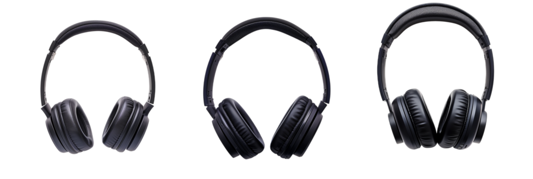 set of different views of headphones integrated with language learning technology, each designed for multilingual education, isolated on transpartent background