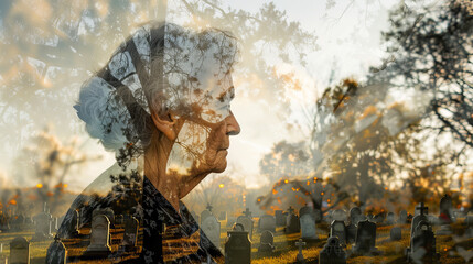 Old person thinking about death concept image with a portrait of a mature grandmother woman and...