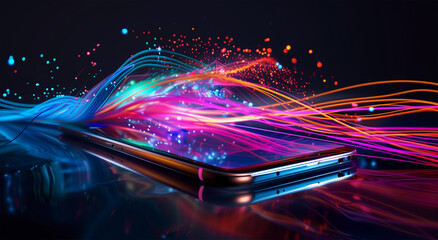 A glowing mobile phone with colorful light particles emanating from the screen, representing fast internet speed and connectivity. The dark background highlights the device. - obrazy, fototapety, plakaty
