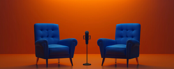 two blue chairs and microphone in the middle, dark orange background, modern podcast studio