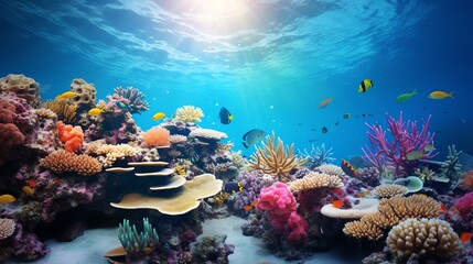 Vibrant coral reef teeming with colorful marine life, clear water showcasing an ecosystem rich in biodiversity