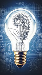 Closeup of a light bulb filled with gears and a visible brain, set against a backdrop of blueprints and technical drawings