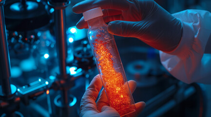 A scientist's hands holding up an advanced test tube filled with glowing red and blue liquid, surrounded by futuristic laboratory equipment  - obrazy, fototapety, plakaty