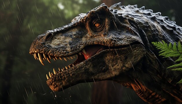 Closeup of an Allosaurus head, showcasing detailed skin texture and menacing gaze, amid a backdrop of ancient pines