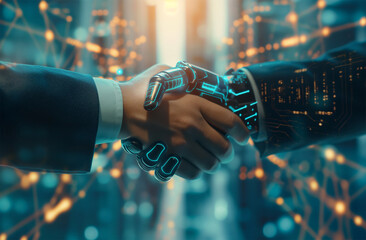 A closeup of two hands shaking, one with futuristic digital connections and the other in...
