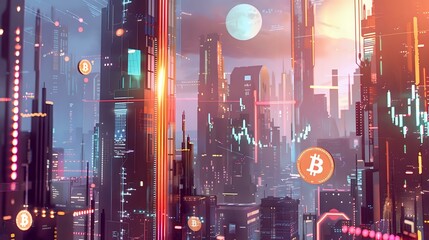 Digital Finance: A Detailed Artwork Depicting Cryptocurrency and Futuristic Urban Development