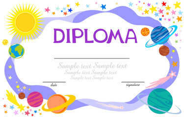 Сosmos with stars and planets. Education preschool concept. Certificate kids diploma, kindergarten template layout space background.Template for Certificate kids diploma. Appreciation certificate.