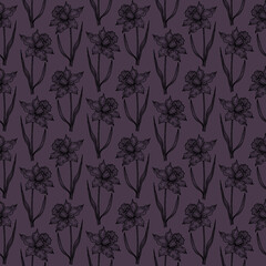 Hand drawn black pencil daffodil drawing seamless pattern isolated on dark background. Can be used for textile, fabric and other printed products.