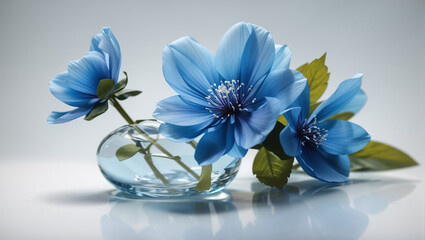 Three blue flowers in a glass vase on a white table.

