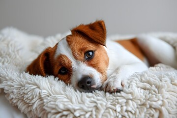 Brown and White Dog Resting on Blanket. Generative AI