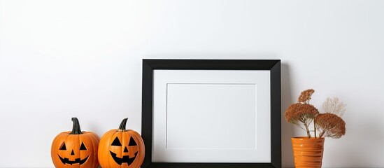 Halloween pumpkins and black frame on shelf