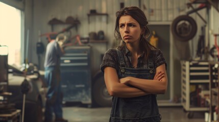 A tense female customer entering an auto repair shop, her posture rigid with crossed arms and an uncertain gait, showing concern on her face as she looks at the technician.