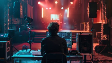 A theater director using AI to enhance live performances, in a simple, creative backstage area,...