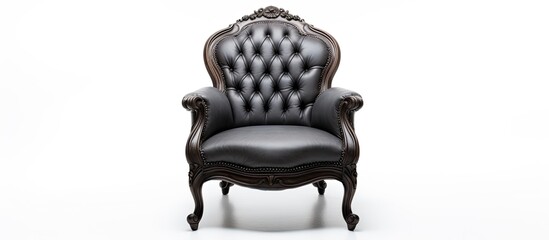 A black leather chair with carved back