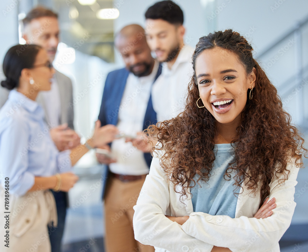 Sticker Portrait, leader and business woman with arms crossed in office, smile or positive mindset. Leadership, face and female person with pride, ambition and professional hr management in workplace