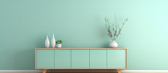Green cabinet with white vase against blue wall