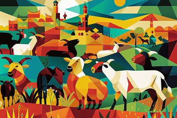 Abstract flat design illustration of Eid al-Adha, featuring stylized animals like rams and cows in geometric forms and a kaleidoscope of vibrant colors to convey the festive spirit
