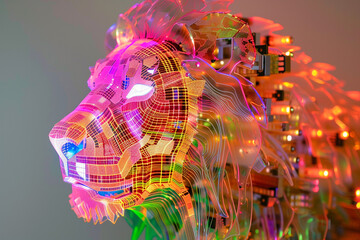 A technologically enhanced lion's head crafted from a spectrum of colorful circuits.
