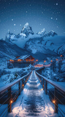 A bridge made of light, connecting two mountain peaks, under a star-filled sky