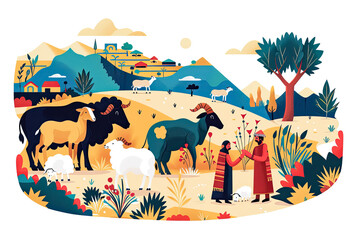 Colorful flat illustration of Eid al-Adha festivities with rams, sheep, camels, and cows in a stylized pastoral landscape, capturing the holiday's spirit