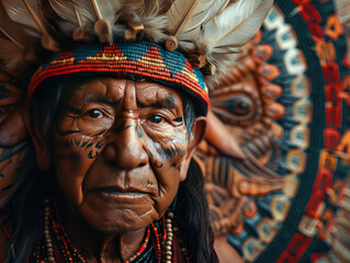 A portrait of an indigenous elder wearing traditional attire, superimposed with the intricate designs of an ancient Mayan calendar, suggesting a deep cultural heritage Bitcoin - obrazy, fototapety, plakaty